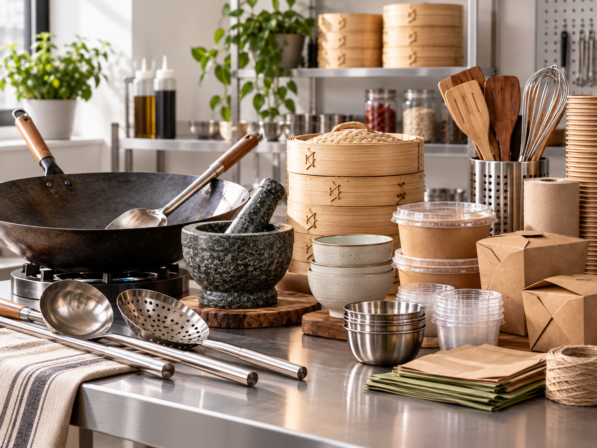 Ingredientes y utensilios en la cocina de un restaurante