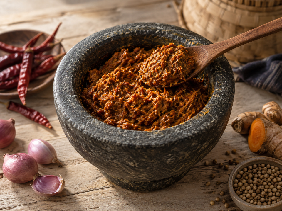Ilustración de pasta de curry para khao soi en un mortero de piedra con chiles, cúrcuma y chalotas, inspirada en Chiang Mai, Tailandia.