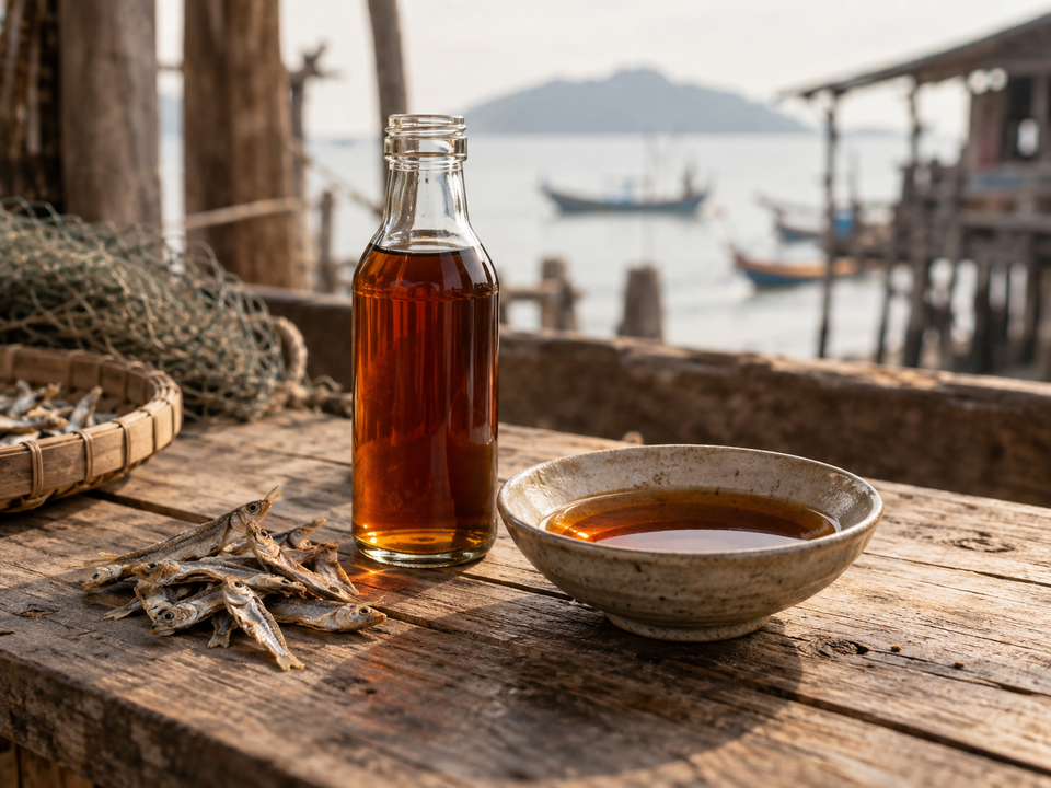 Ilustración de salsa de pescado ámbar en una botella de vidrio y un cuenco de cerámica, inspirada en Rayong, Tailandia.